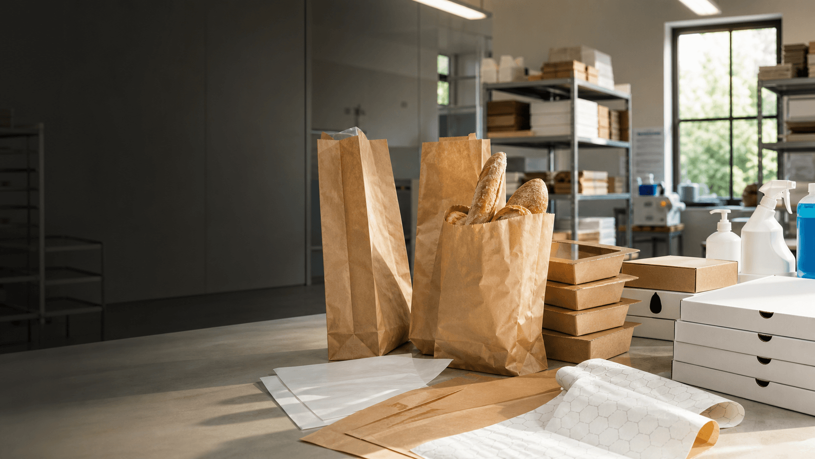 Sacchetti carta e prodotti per packaging alimentare su banco di lavoro